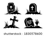 Grave. Graveyard elements icons. Halloween stickers. Black silhouettes and icons of graves in vector set. Gravestones of different shapes and cross isolated on white background.