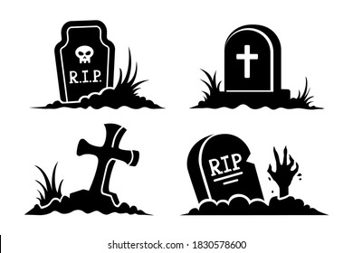 Grave. Graveyard elements icons. Halloween stickers. Black silhouettes and icons of graves in vector set. Gravestones of different shapes and cross isolated on white background.