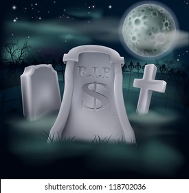 A grave in a graveyard with RIP and a dollar sign on it. Economy or financial concept.