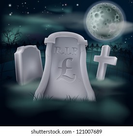 A grave in a graveyard with RIP and a pound sign on it. Economy or financial concept.