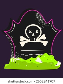 Grave for Halloween. Doodle style spooky cemetery sticker. Isolated vector illustration.
