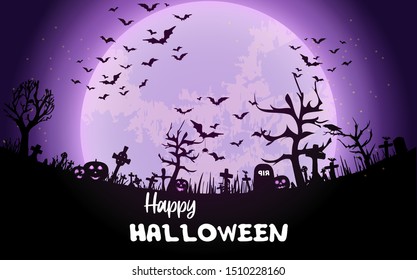 The Grave in Halloween Night  with Purple Sky Under The Moonlight. EPS10 - Vector.