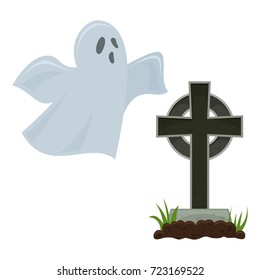 Grave with a headstone and a ghost, colorful scary Halloween illustration. Vector