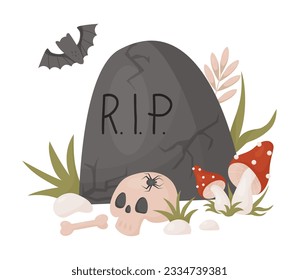 Grave headstone with skull, bones, fly agaric mushrooms and bat. Vector illustration in cartoon style. Creepy graveyard stone headstone and death