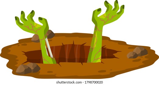 Grave. Hole In Brown Ground. Green Hands Of Dead Zombie. Element Of Halloween. Bones And Rotting Corpse. Scary Illustration. Flat Cartoon