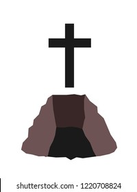 Grave - hole in ground for funeral and burial ritual act. Place for dead corpse and cadaver after death. Christian cross as headstone adn gravestone. Minimalist vector illustration