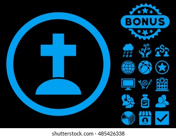 Grave icon with bonus elements. Vector illustration style is flat iconic symbols, blue color, black background.