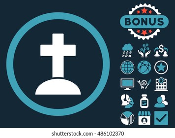 Grave icon with bonus elements. Vector illustration style is flat iconic bicolor symbols, blue and white colors, dark blue background.