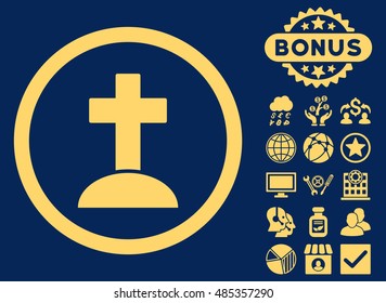 Grave icon with bonus images. Vector illustration style is flat iconic symbols, yellow color, blue background.