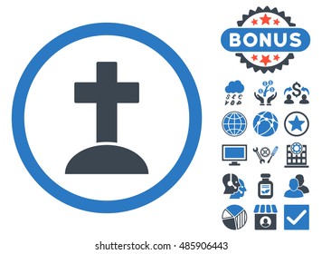 Grave icon with bonus images. Vector illustration style is flat iconic bicolor symbols, smooth blue colors, white background.
