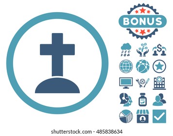 Grave icon with bonus pictogram. Vector illustration style is flat iconic bicolor symbols, cyan and blue colors, white background.