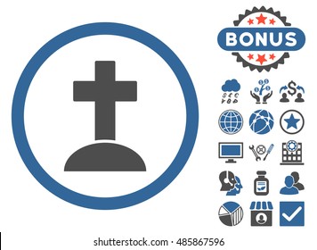Grave icon with bonus symbols. Vector illustration style is flat iconic bicolor symbols, cobalt and gray colors, white background.