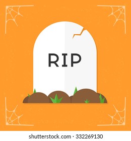 Grave icon. Cartoon RIP icon. Funny white stone grave icon. Cracked tombstone illustration with ground and grass. Halloween illustration isolated on stylized orange background. Vector illustration