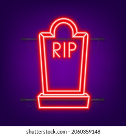 Grave icon flat design. Old gravestone with cracks. Neon style. Vector illustration