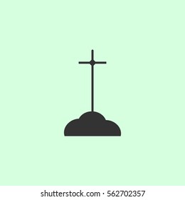 Grave icon flat. Grey vector symbol on green background