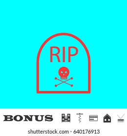 Grave icon flat. Red pictogram on blue background. Vector illustration symbol and bonus buttons Music center, corkscrew, credit card, house, drum