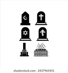 Grave icon or logo isolated sign symbol vector illustration. Cemetery crosses, Muslim Cemetery, Hindu Cremation, Jewish grave stone,Orthodox Graveyard,  and Buddhist cemetery.