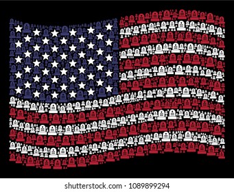 Grave items are combined into waving USA flag stylization on a dark background. Vector collage of American state flag is constructed with grave elements.