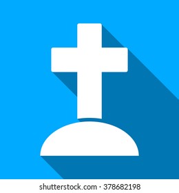 Grave long shadow vector icon. Style is a flat light symbol with rounded angles on a blue square background.
