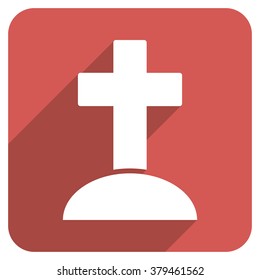 Grave long shadow vector icon. Style is a light flat symbol on a red rounded square button.