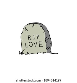 The grave of love with the inscription "r.i.p love". End of love feelings. Valentine's day concept. Linear doodle style. Vector on isolated white background. For printing on cards, invitations, tattoo