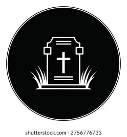 Grave marker icon with cross and grass on black circle background icon