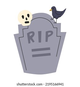 Grave memorial isolated on white. Halloween traditional symbols concept design. Black raven bird walking on tombstone. Human skull showing scared expression. Hand drawn flat vector illustration