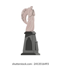 Grave monument with praying angel with folded hands. Tombstone with religious marble figure. Symbol of grief and sorrow. Isolated hand drawn vector illustration.