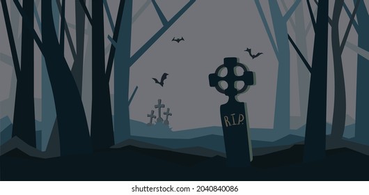 A grave in the night forest. The old cemetery. Halloween vector illustration.