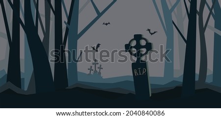 A grave in the night forest. The old cemetery. Halloween vector illustration.