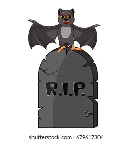 The grave. Old tombstone with the cracks. Graves on a white background. Ancient RIP. Isolated white background. Bat. Stock vector