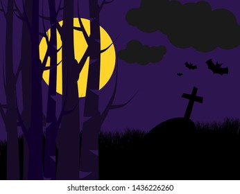 The grave on the full moon night with the bat in the dark sky in the forest