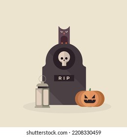 A grave with an owl, a lantern and a pumpkin. Halloween concept.