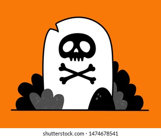 
Grave with a picture of a skull. Element for the decor for the holiday Halloween. Vector cartoon illustration. Orange background.