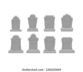 Grave pixel art set. Tomb 8 bit. Gravestone Halloween. RIP Cemetery vector illustration