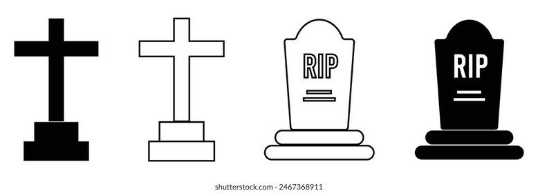Grave RIP Halloween Concept Line Icon On White Background. Tombstone line icon set.