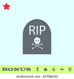 Grave RIP icon flat. Grey pictogram on blue background. Vector illustration symbol and bonus buttons medal, cow, earth, eye, calculator