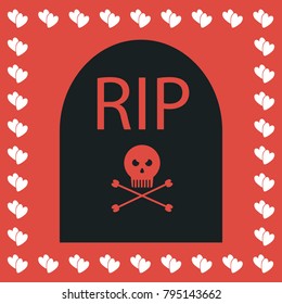 Grave RIP icon flat. Simple black pictogram on red background with white hearts for valentines day. Vector illustration symbol