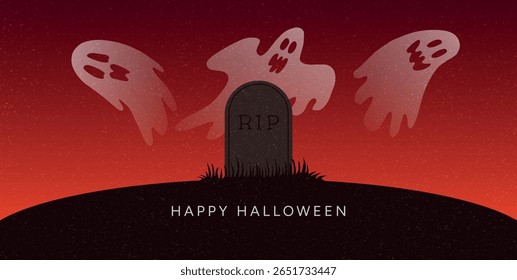 Grave com Inscrição RIP e Fantasmas Voadores no fundo vermelho do Halloween. Cena de cemitério assustador com espíritos assombrados à noite. Feliz Dia das Bruxas. Ilustração de vetor plano