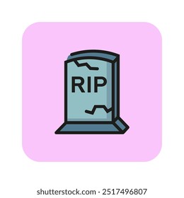 Grave com ícone de linha de inscrição RIP. Pedra, rachadura, rasgo. Conceito de Halloween. Pode ser usado para tópicos como cemitério, funeral, mistério