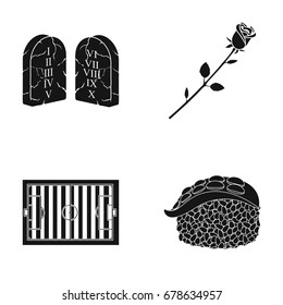 Grave, rose and other web icon in black style. football field, sushi icons in set collection.