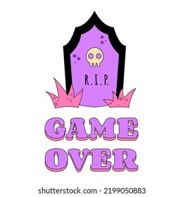 Grave with Scull Halloween Temporary Tattoo or Sticker in Grove Style Text Game Over