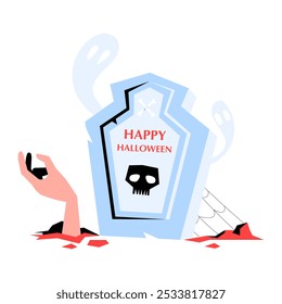 Grave With Skeleton Hand Rising In Flat Vector Illustration Symbolizing Halloween Spirit, Spooky Horror, And Celebration, Isolated On White Background