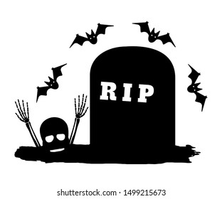 Grave and Skull. Happy Halloween. Concept Label, Banner, Art, Icon. Black and simple Vector Illustration.
