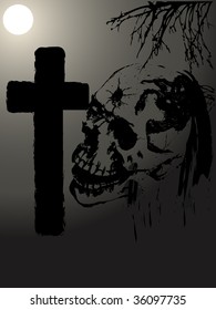 Grave and skull in the moonlight