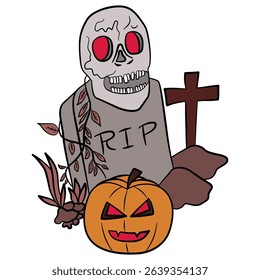 Grave with skull on transparent background ,cartoon style