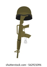 Grave Soldier. Helmet And Gun Instead Of Cross. Badge Army. War Tomb
