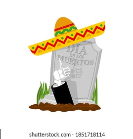 Grave and sombrero Day of dead in mexico sign. Skull in sombrero isolated. tomb and skeleton Dia de los Muertos Mexican holiday symbol rip