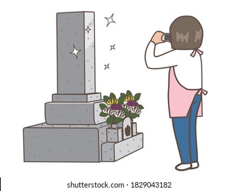 A grave stone cleaning service. A woker take a photo of the grave stone after cleaning.