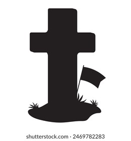 Grave stone cross with flag. Black silhouette hand drawing. Memorial Day.  Vector illustration